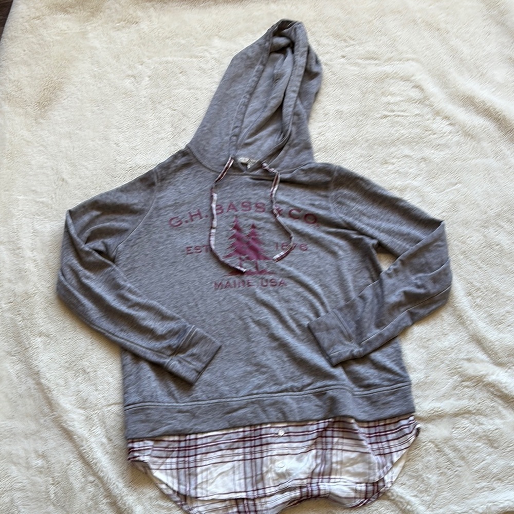 G.H. Bass & Co. Layered Look Hoodie | Plaid Hem Casual Pullover Top - Picture 2 of 7